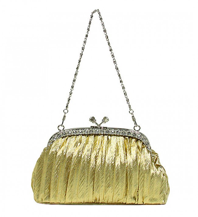 Evening Bag - Pleated Clutch w/ Rhinestone Frame - Gold BG-92056G